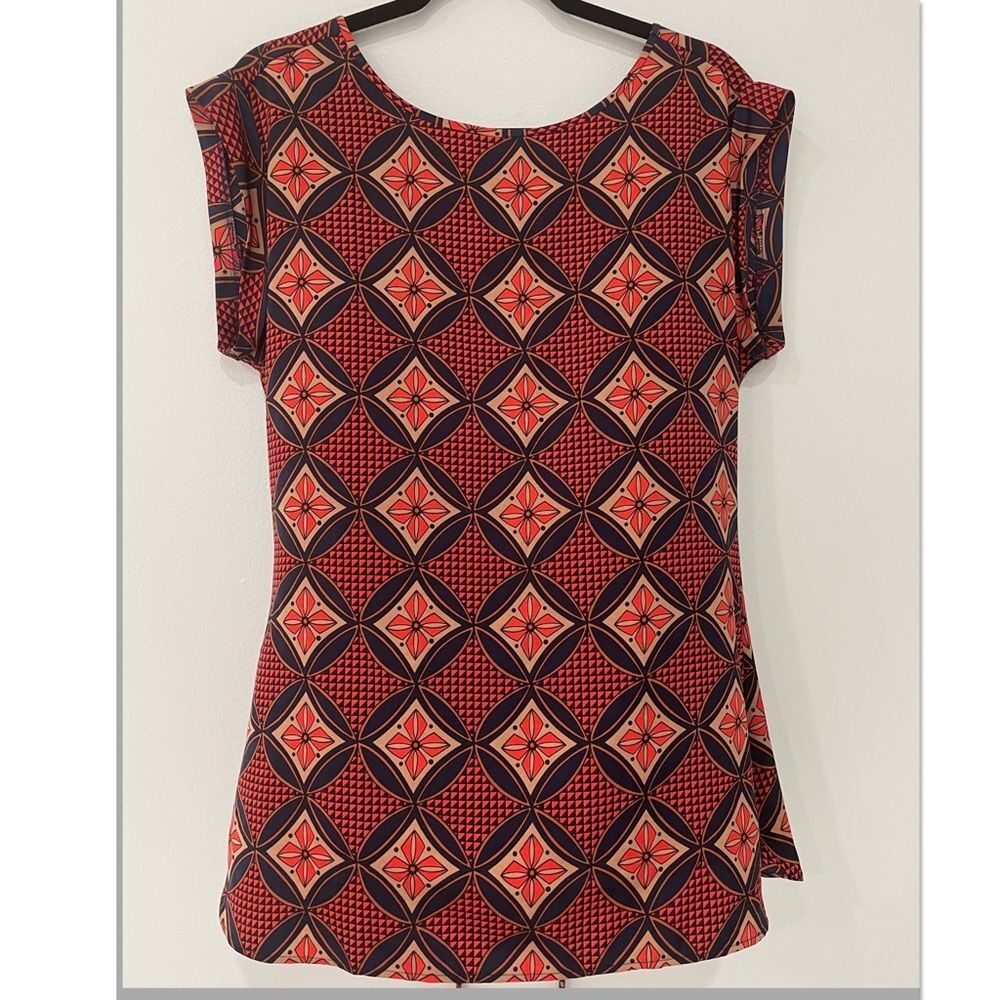 Ann Taylor Blouse Red/Blue Short Sleeve Tie Waist Tunic Top Size Small.